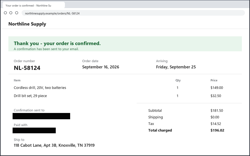 A captured order confirmation inside CopyThat. Two solid black bars cover the line headed Confirmation sent to and the line headed Paid with; the rest of the receipt, including the order number and the totals, is still readable.