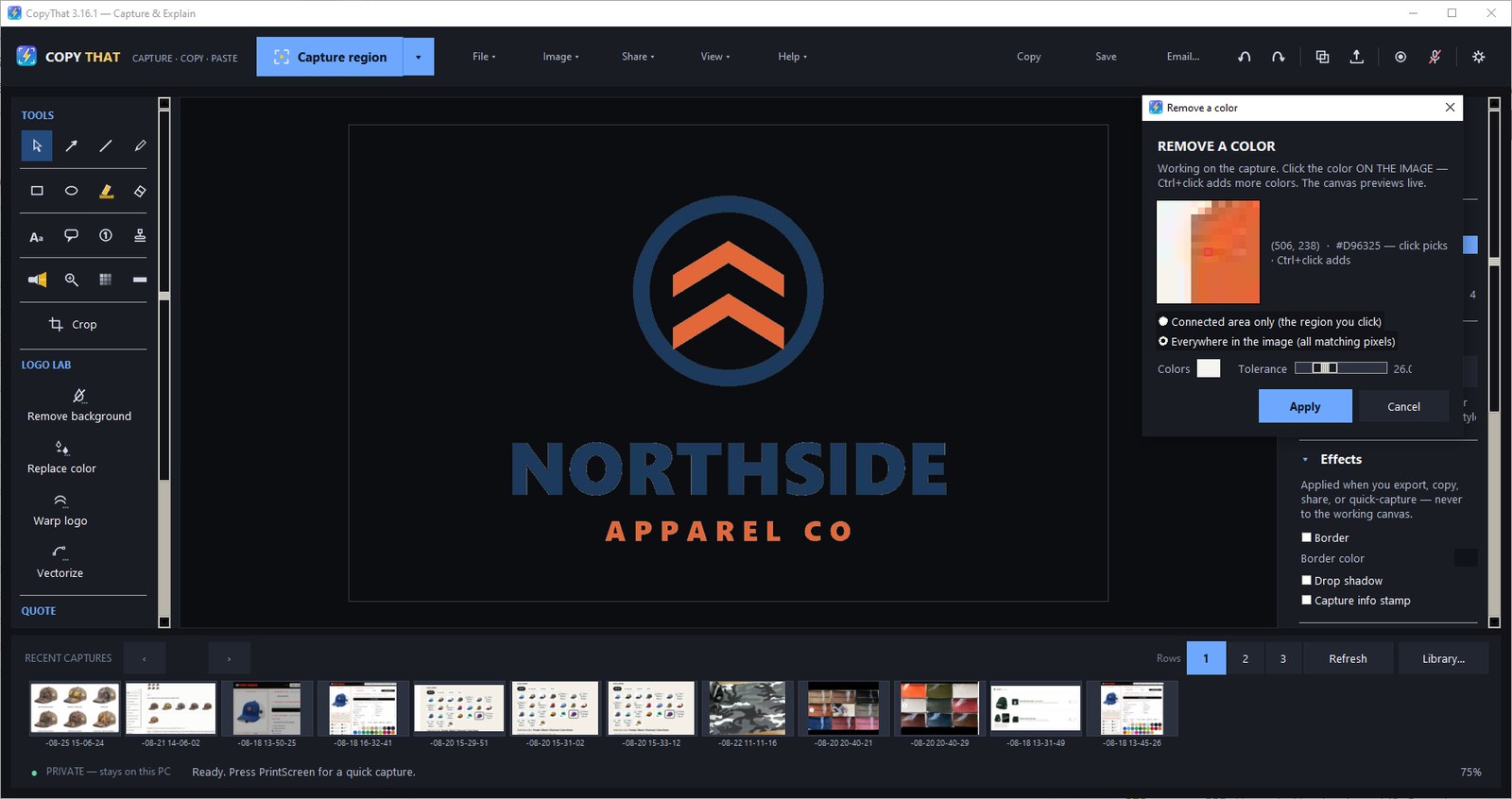 Logo Lab in CopyThat: the customer&rsquo;s artwork on the canvas with Remove background, Replace color, Warp logo and Vectorize listed down the rail, and the live preview showing the background dropping out.