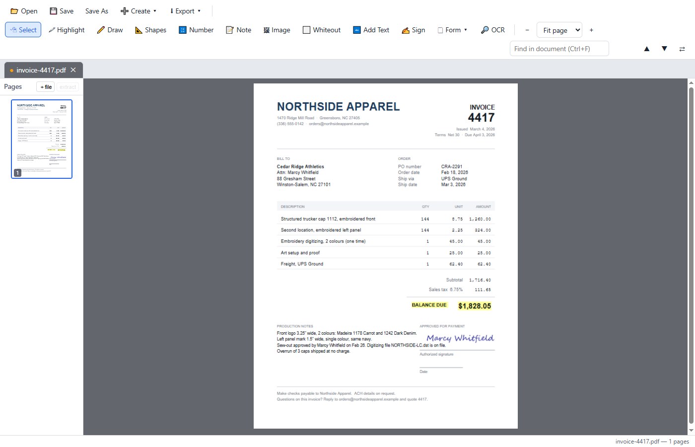 PDFthat with a real invoice open: the balance due highlighted, an approval signature placed on the page, and the Highlight, Draw, Whiteout, Add Text, Sign, Form and OCR toolbar above it.