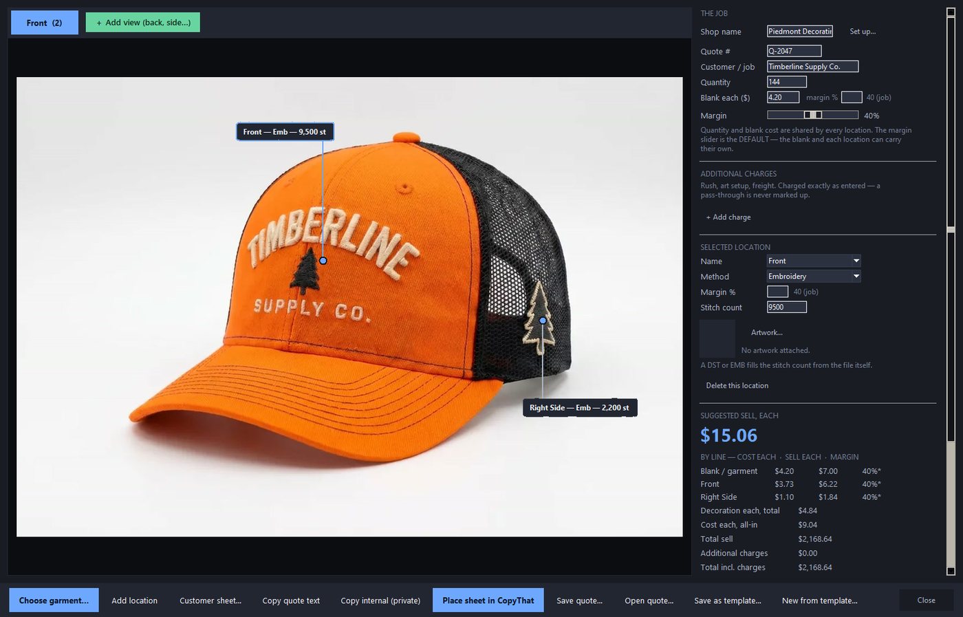 Quote Studio: an orange trucker cap with Front and Right Side embroidery pinned on the actual decoration, beside the money panel showing quantity, blank cost, margin, suggested sell each and the cost, sell and margin of every line.